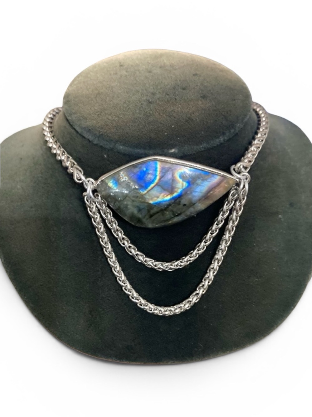 Genuine labradorite gemstone stainless steel necklace with dangly chains